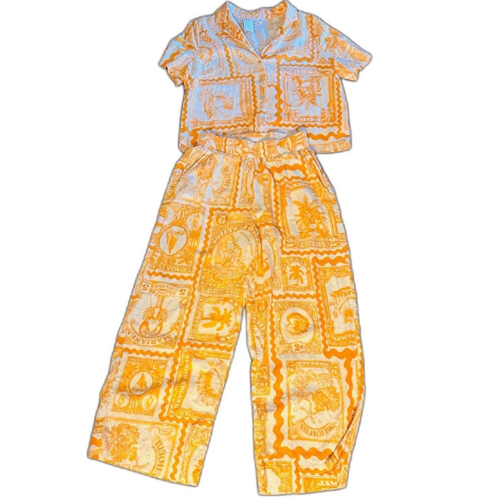 Nicole Miller Artelier Linen Blend Fun Tropical Travel Crop Shirt & Pants Set M